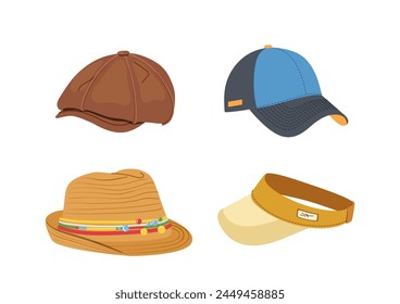 Diferentes sombreros para el paseo de verano, prenda elegante para el Clima soleado cálido aislado en el fondo blanco