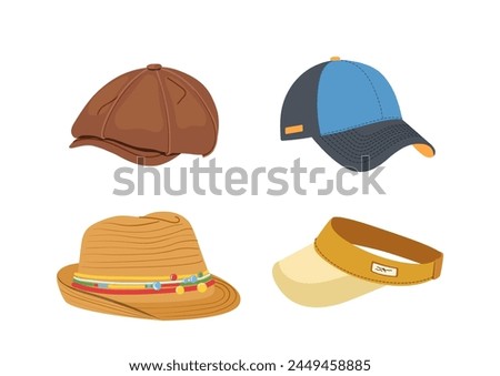 Different hats for summer walk, stylish garment for warm sunny weather isolated on white background