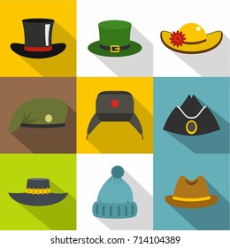 Different, headgear, icon set. Flat style set of 9 different headgear vector icons for web design