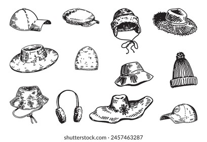 Different headgears doodle set. Sketch of cap, knitted head wear, straw hat, accessories. Outline vector illustrations collection.