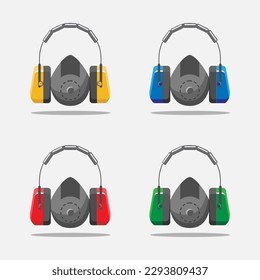 Different headphones for construction workers: red, yellow, blue and green