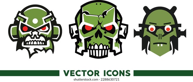 Different heads, Warhammer orc vector icon of 3 types, green color. Isolated vector sign symbol