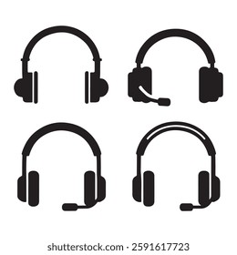 Different Headset Designs Outlined Black Style Headphones With Microphones Simple icons Set
