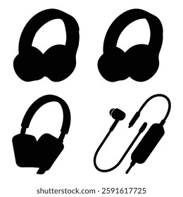 Different Headset Designs Outlined Black Style Headphones With Microphones Simple icons Set