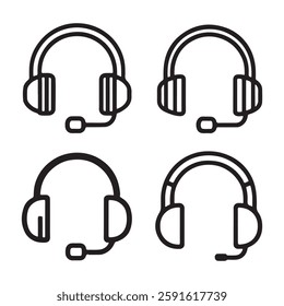 Different Headset Designs Outlined Black Style Headphones With Microphones Simple icons Set