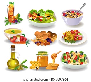 Different healthy meals for breakfast, lunch or dinner isolated on a white background