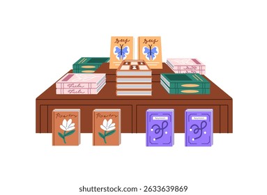 Different heaps of paper books on shelf in bookstore or library. Various piles of textbooks, fiction literature for reading on bookcase, bookshelf in shop. Flat isolated vector illustration on white