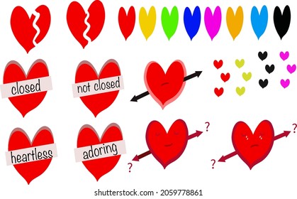 Different heart icon vector set isolated on white background, various colorful heart vector illustrations. Beautiful hand drawn stickers, design elements for Valentine's Day.