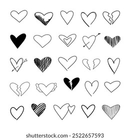 Different heart shapes, set.  Graphic illustration of a love sign in the style of a doodle, comic. A black heart on a white background. Decorative painted element for a holiday, Valentine, wedding.