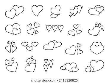 Different heart for Valentines day. Coloring Page. Love and romantic. Hand drawn style. Vector drawing. Collection of design elements.