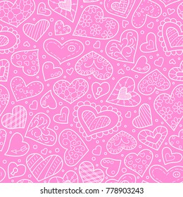 Different hearts in doodle and cartoon style. Seamless pattern. Pink