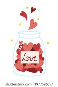 Different hearts fall into a glass jar. Valentine's Day. Sweets in the shape of a heart. The concept of love.