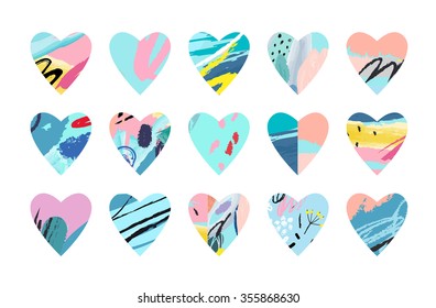 Different hearts on white background. Hand drawn textures.Vector set