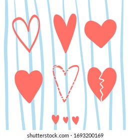 Different hearts on a white and blue stripped background.