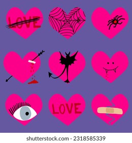 Different Hearts in Retro Y2K style. Isolated Love Icons Set. Hand Drawing Punk, Goth, Rock or Emo Elements Collection. Vintage Sketch Drawn Heart. Vector Illustration 