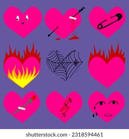 Different Hearts in Retro Y2K style. Isolated Love Icons Set. Hand Drawing Punk, Goth, Rock or Emo Elements Collection. Vintage Sketch Drawn Heart. Vector Illustration 
