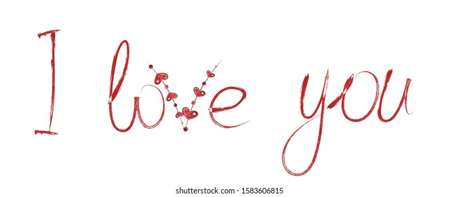 Different hearts and text in red charcoal: I love you. Valentine's day. Cute illustrations for printing on paper, textile, packaging. Isolated image on a white background. Vector flat cartoon graphics