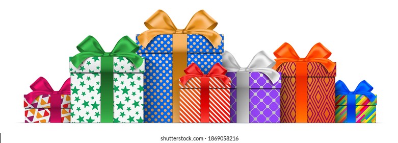 Different height gift boxes, with colorful wrapping patterns, standing isolated on the white background. Horizontal vector banner with enclosed present boxes.