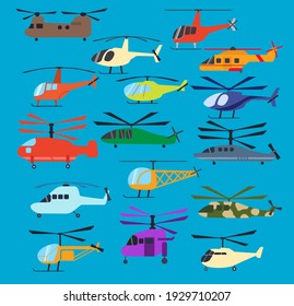 Different helicopters icons set, vector illustration. Military, construction, firefighting, search and rescue, tourism, medical helicopter, isolated on blue sky background