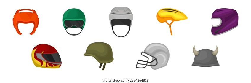 Different Helmet as Protective Head Covering Isolated on White Background Vector Set