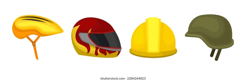 Different Helmet as Protective Head Covering Isolated on White Background Vector Set