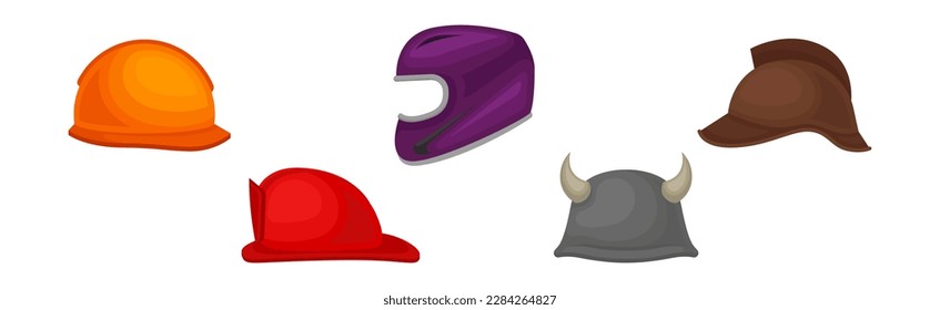 Different Helmet as Protective Head Covering Isolated on White Background Vector Set