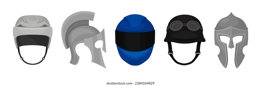 Casco diferente como cubierta protectora de la cabeza aislada en el conjunto de vectores de fondo blanco