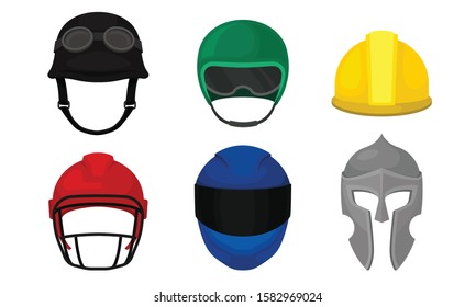 Different Helmets Collection, Headgear of Construction Worker, Athlete, Motorcyclist, Knight Vector Illustration