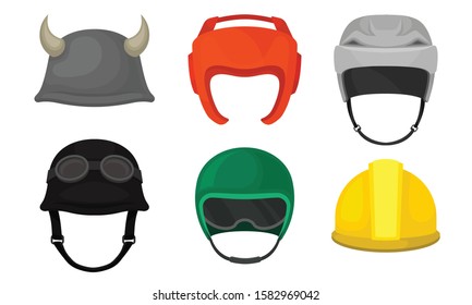 Different Helmets Collection, Headgear of Construction Worker, Athlete, Motorcyclist Vector Illustration