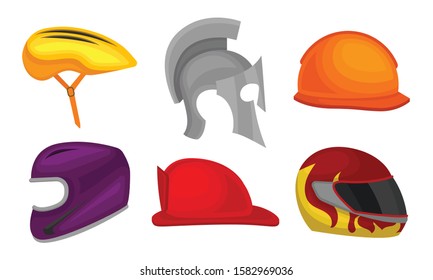 Different Helmets Collection, Headgear of Knight, Cyclist, Athlete, Motorcyclist Vector Illustration