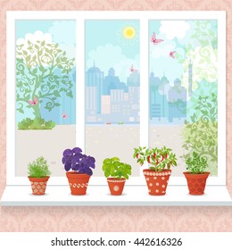 different herbs planted in ceramic pots and fresh herb leaves and spices on a windowsill for your design