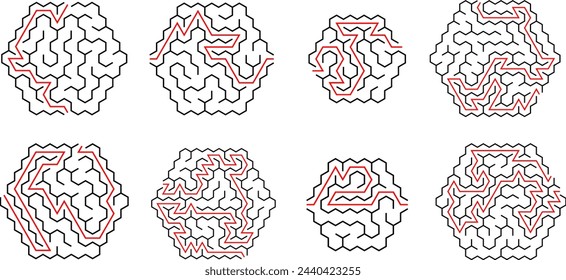 Different hexagonal mazes set inside hex shape. Collection of original designed common intellectual riddles with solutions.