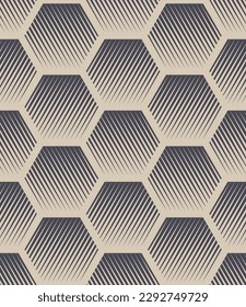 Different Hexagons with Hatching Seamless Pattern Retro Abstract Background. 60s 70s Style Graphic Design Textile Print Repetitive Wallpaper. Striped Halftone Art Continuous Honeycomb Abstraction