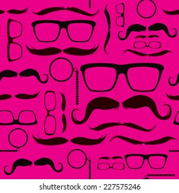 Different hipster glasses mustaches and coffee elements on pattern background with pink color