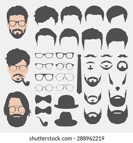 different hipster style haircuts, glasses, beard, mustache, bowtie and hats collection. man faces avatar creator. create your own hipster icons for social media or web site
