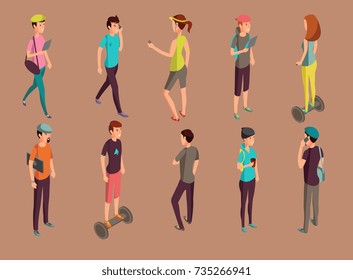 Different hipsters standing and using gadgets. Isometric woman and men on gyroscopes vector illustration