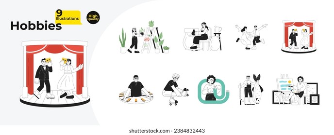 Different hobbies black and white cartoon flat illustration bundle. Multiracial young adults hobbyists linear 2D characters isolated. Theater, planting, dancing monochromatic vector image collection