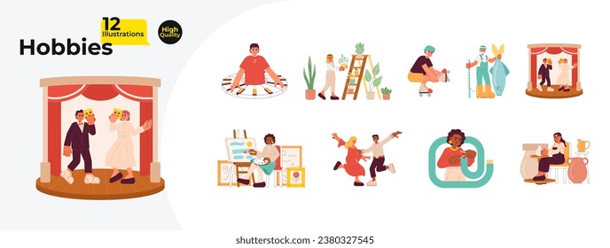 Different hobbies cartoon flat illustration bundle. Multiracial young adults hobbyists 2D characters isolated on white background. Theatre, garden, knitting, craft vector color image collection