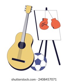 Different hobbies leisure activities 2D linear cartoon object. Acoustic guitar, easel, boxing gloves, soccerball isolated line vector element white background. Recreation color flat spot illustration