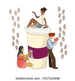 Different hobbies of people and a paper coffee cup on white isolated background, isolated people and a cup in Cartoon style for prints, stickers, postcards, elements of design for websites and apps.