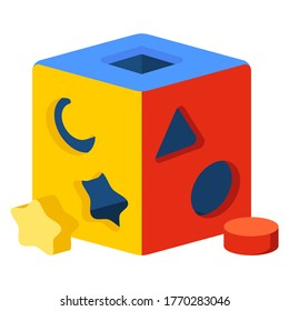 Different hole box kids toys icon in different color. Children toys in vector cartoon design
