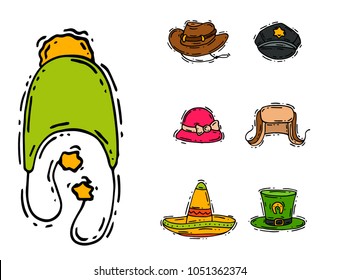 Different holiday carnaval hat fashion accessory party celebration for masquerad clothing vector illustration. Funny fabric cap costume hand drawn wear.