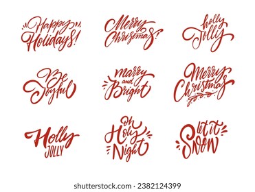 Different holiday Christmas phrases set. Red color handwritten style vector sign. Isolated on white background.