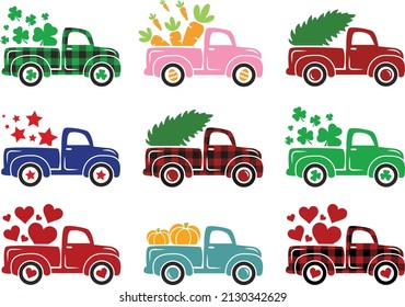 Different holidays truck Svg bundle isolated on white background. Cute vintage old truck cut files - Christmas, Easter, 4th of July, Valentine's day, St Patrick's day, Fall pumpkins pickup svg