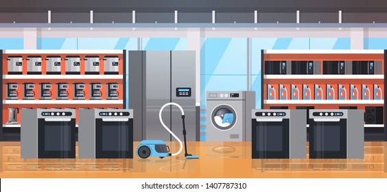 Different Home Appliances Electric House Equipment Modern Retail Store Showroom Interior Flat Horizontal