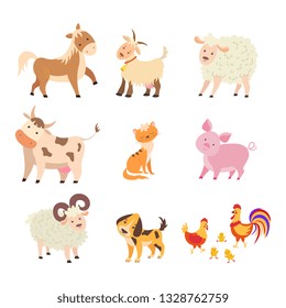 Different home farm animals set. Horse, cow, sheep, goat, cat, dog, pig, hen, rooster, chicken, ram