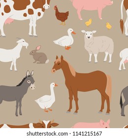 Different home farm vector animals and birds like cow, sheep, pig, duck farmland set illustration seamless pattern background