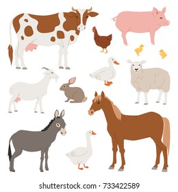 Different home farm vector animals and birds like cow, sheep, pig, duck farmland set illustration