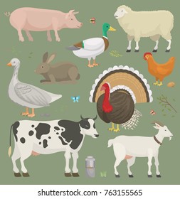 Different home farm vector animals and birds like cow, sheep, pig, duck farmland set illustration