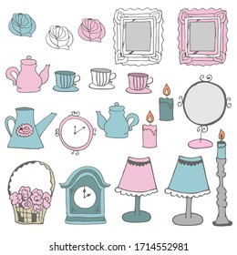 different home related objects in vintage style on white background